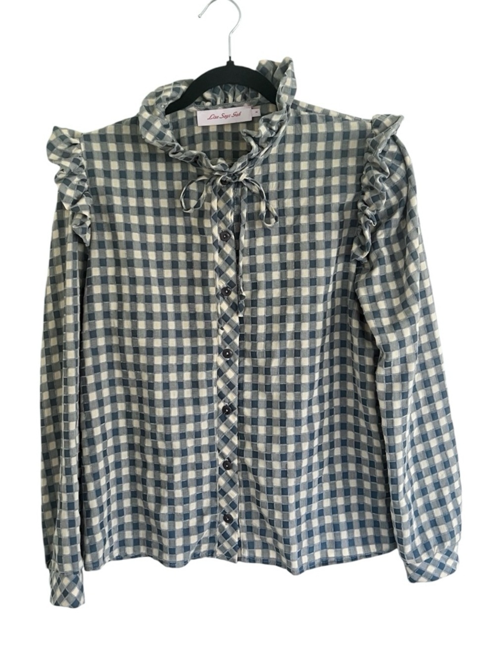 Lisa Says Gah Blue Check Tie Neck Ruffle Button Up Blouse Small